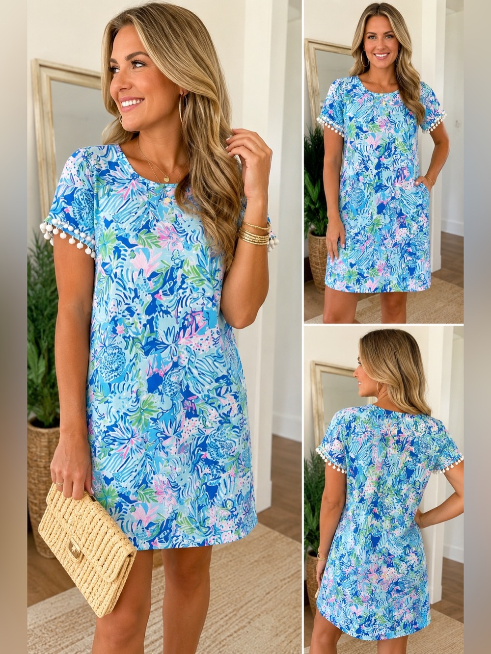 Lilly Pulitzer Lissie Dress Coastal Blue Lion Print Pom Pom Trim Pima Cotton Sm
